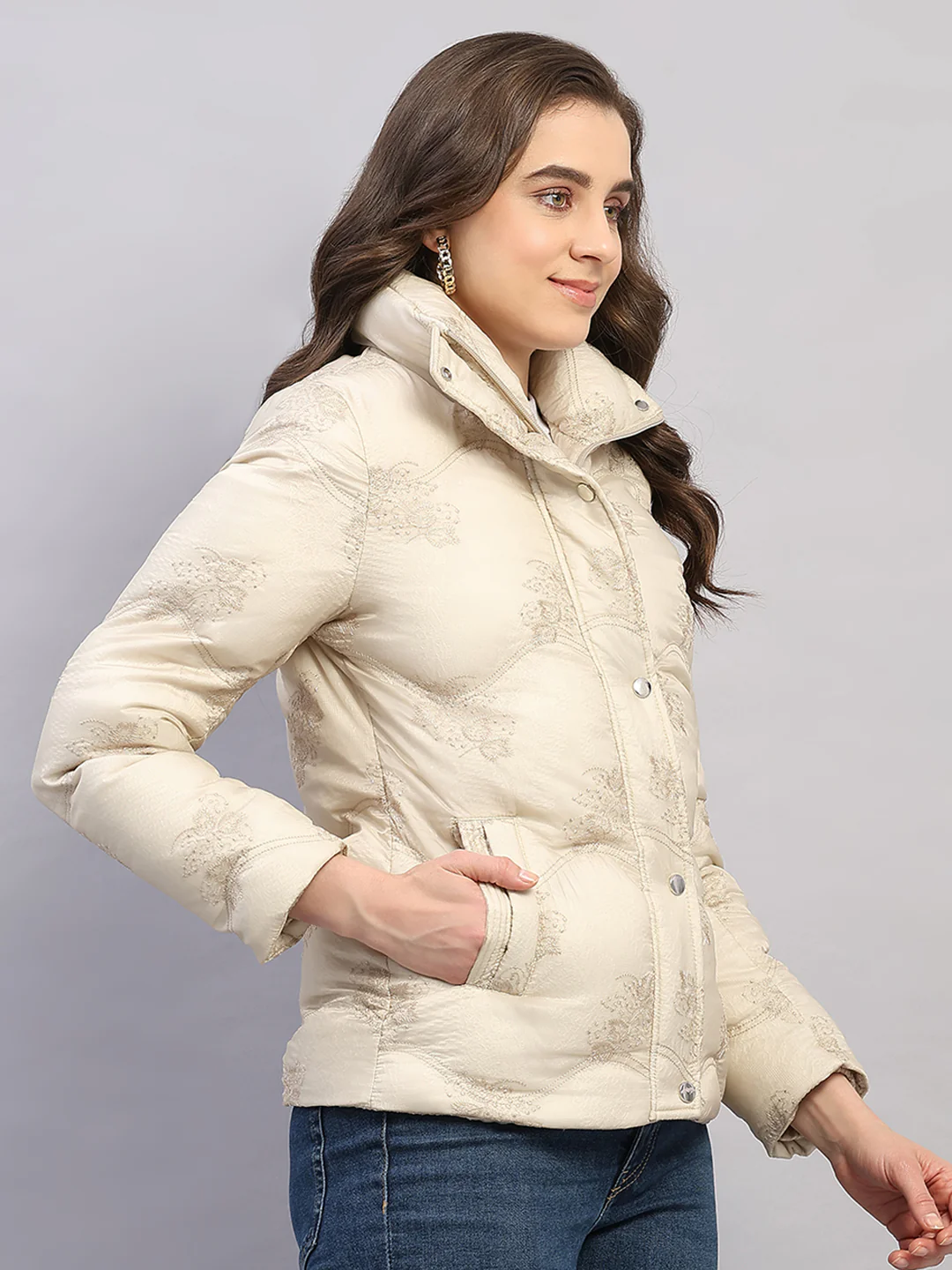 Women Beige Embroidered Collar Full Sleeve Jacket - Image 4