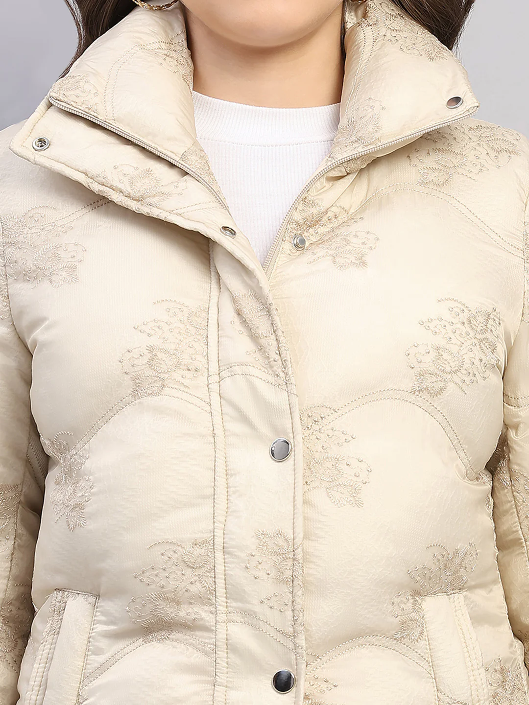 Women Beige Embroidered Collar Full Sleeve Jacket - Image 7