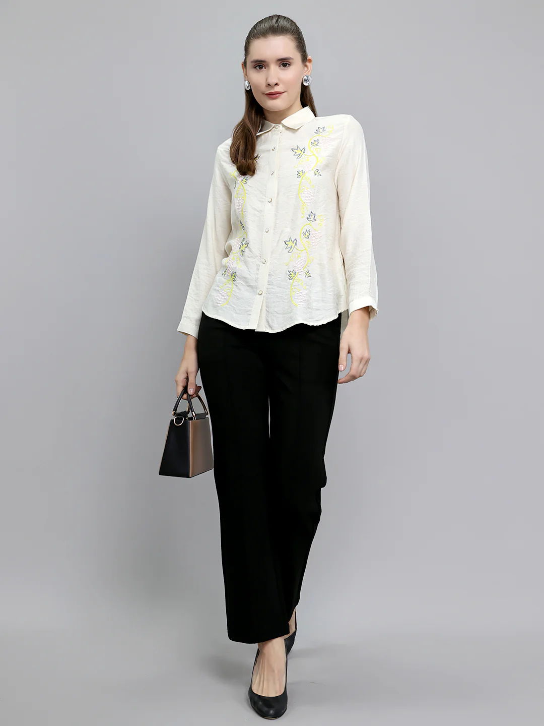 Women Beige Embroidered Collar Full Sleeve Top - Image 6