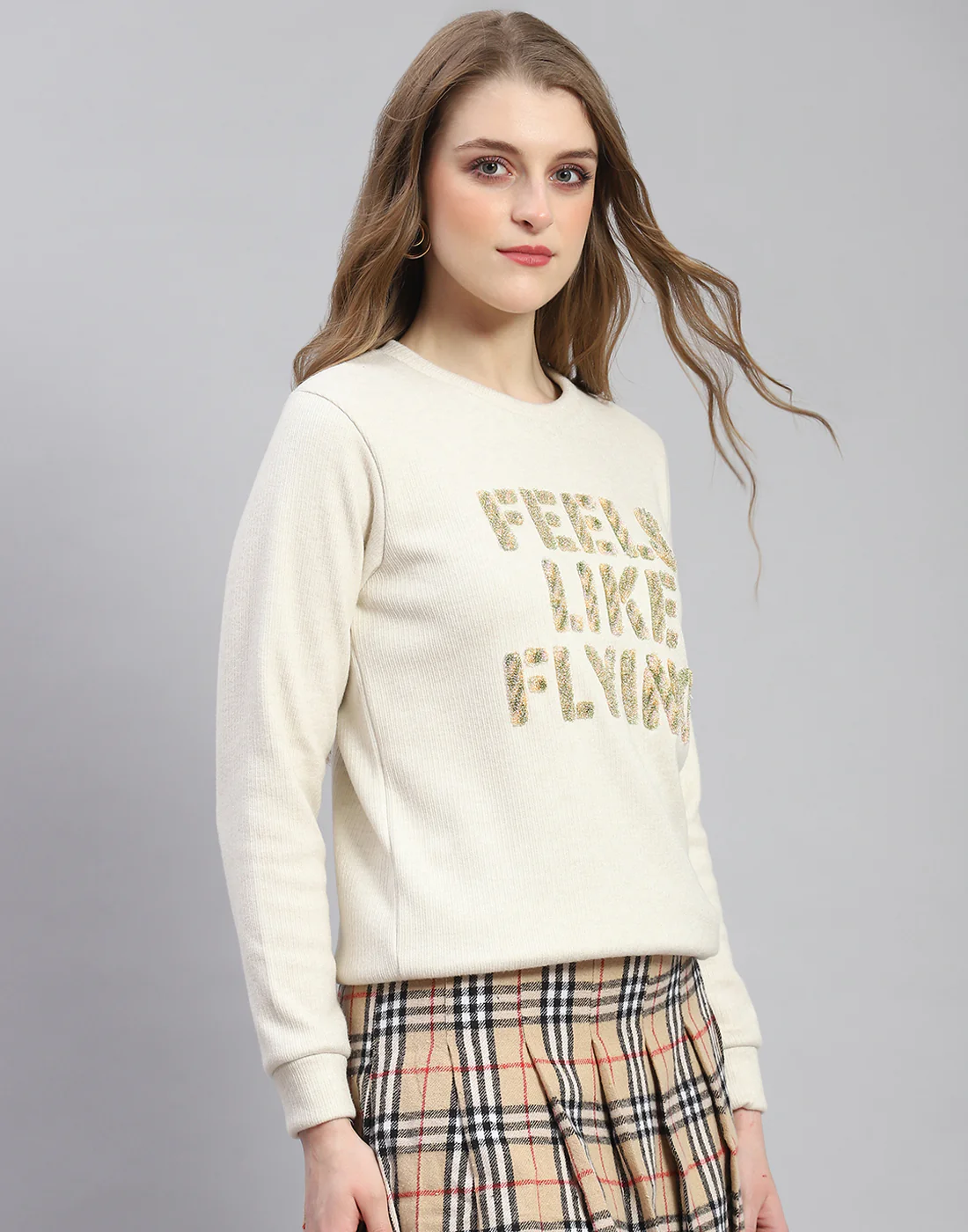 Women Beige Embroidered Round Neck Full Sleeve Sweatshirt - Image 4