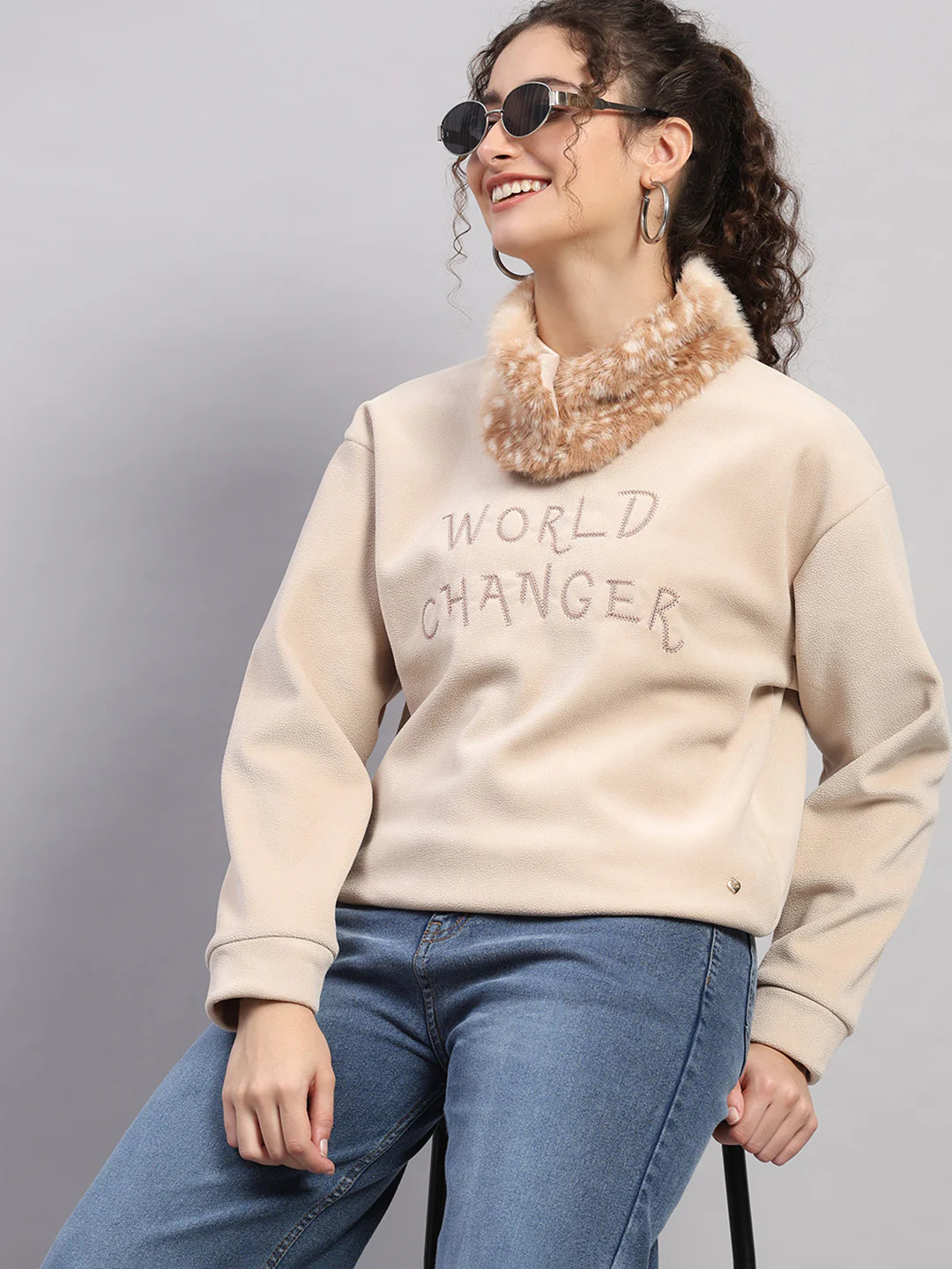 Women Beige Embroidered Round Neck Full Sleeve Sweatshirt - Image 6