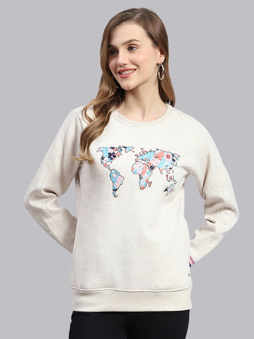 Women Beige Embroidered Round Neck Full Sleeve Sweatshirts - Image 2
