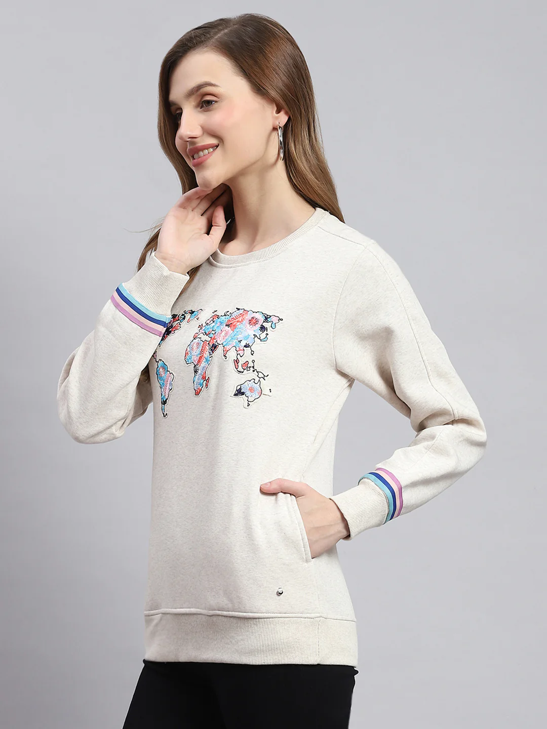 Women Beige Embroidered Round Neck Full Sleeve Sweatshirts - Image 3