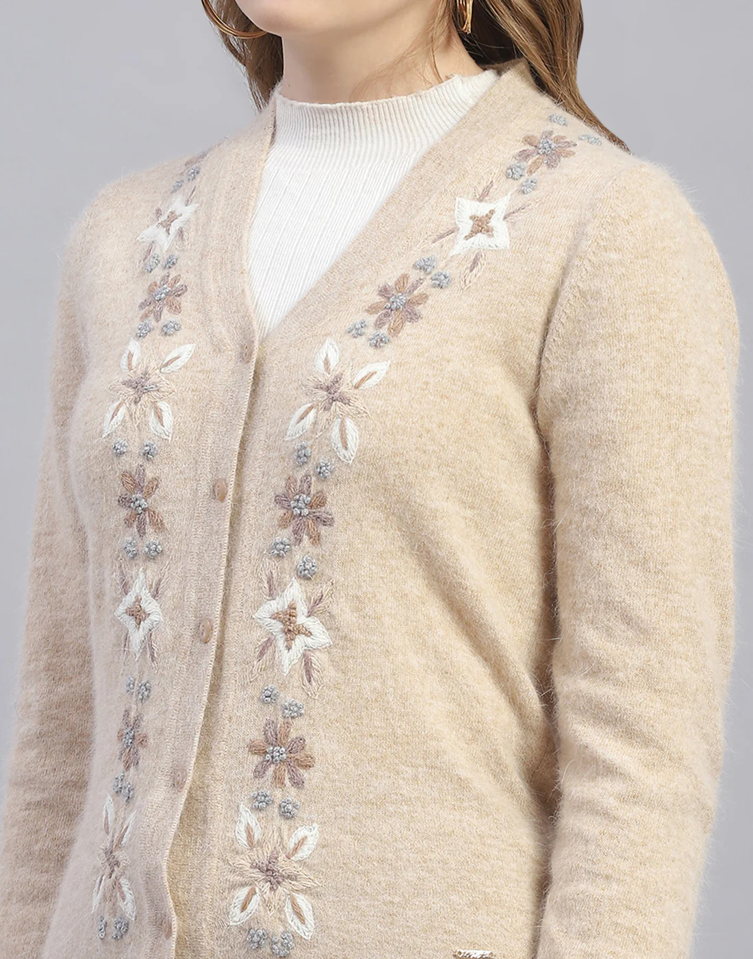 Women Beige Embroidered V Neck Full Sleeve Cardigan - Image 7