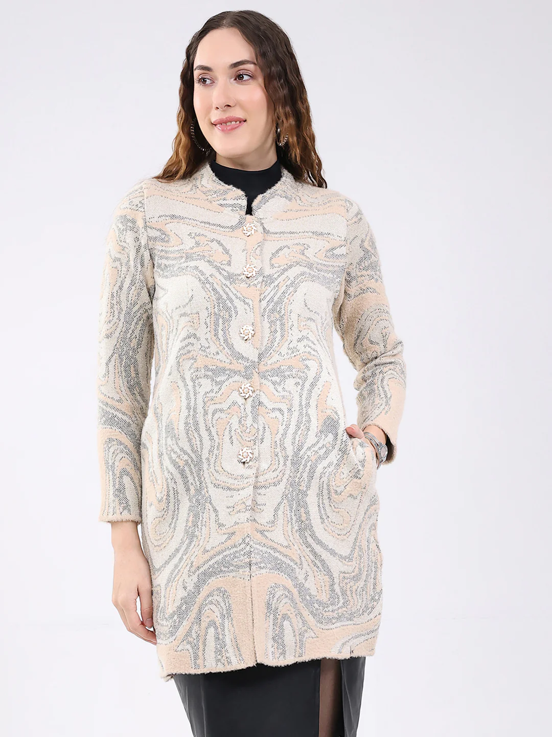 Women Beige Jacquard Round Neck Full Sleeve Knitted Coat
