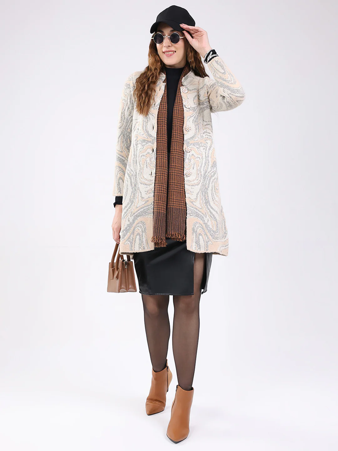 Women Beige Jacquard Round Neck Full Sleeve Knitted Coat - Image 2