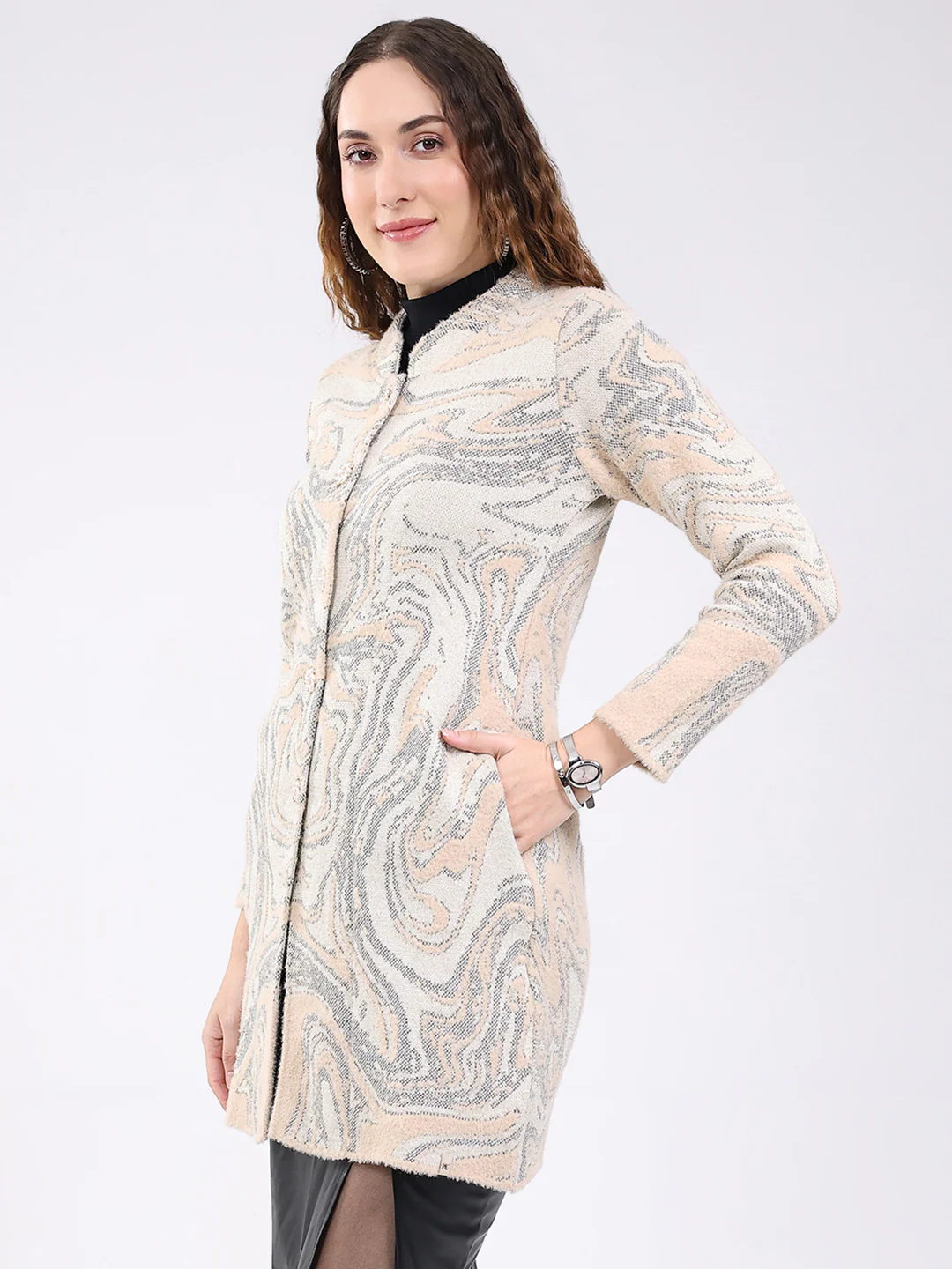 Women Beige Jacquard Round Neck Full Sleeve Knitted Coat - Image 3