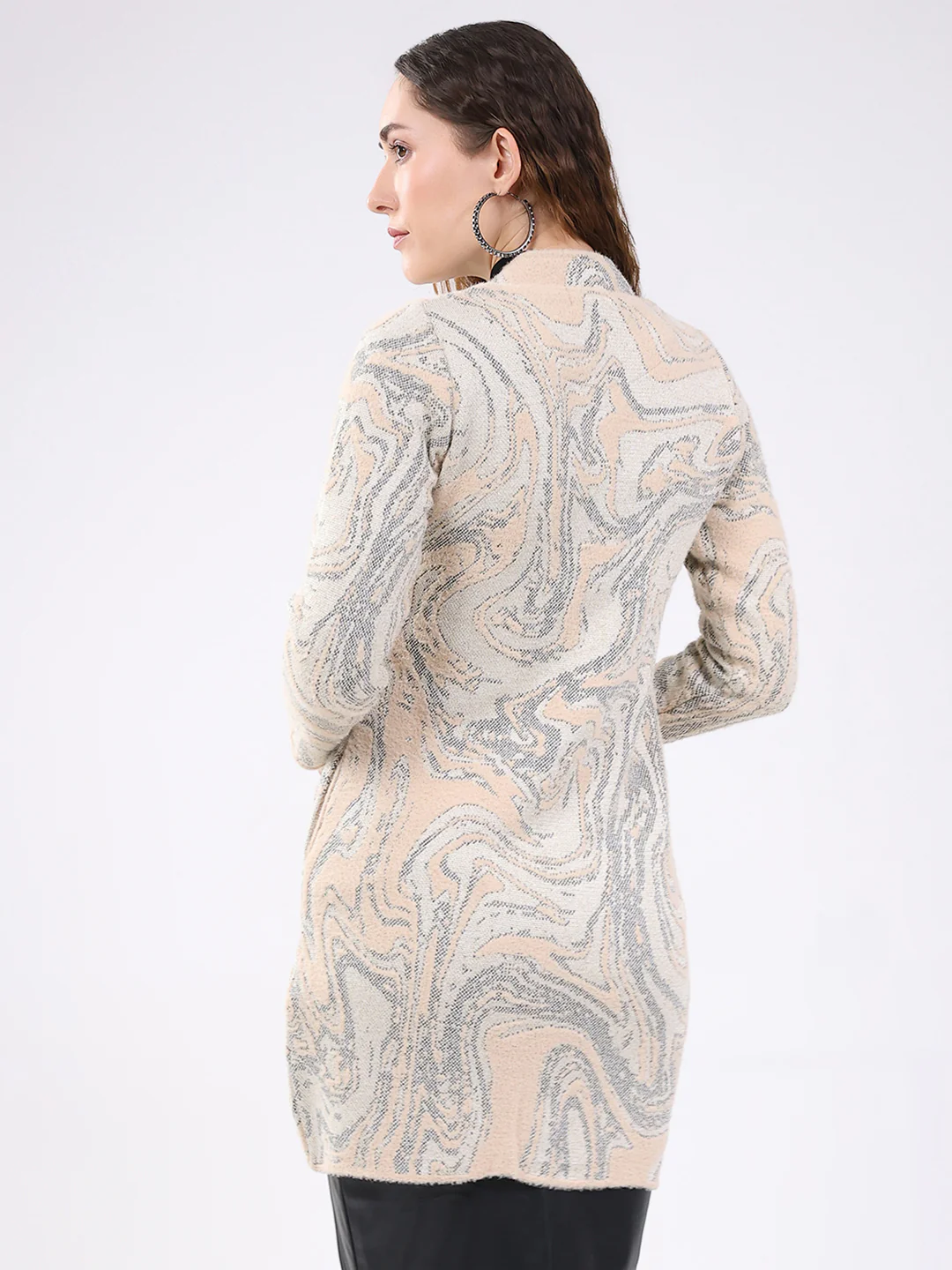 Women Beige Jacquard Round Neck Full Sleeve Knitted Coat - Image 5