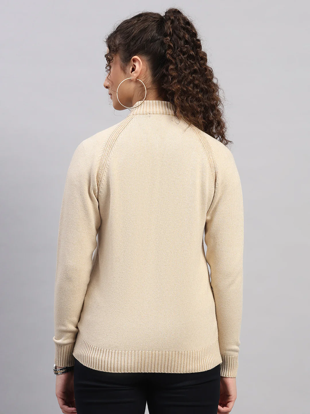 Women Beige Jaquard Round Neck Full Sleeve Cardigan - Image 5