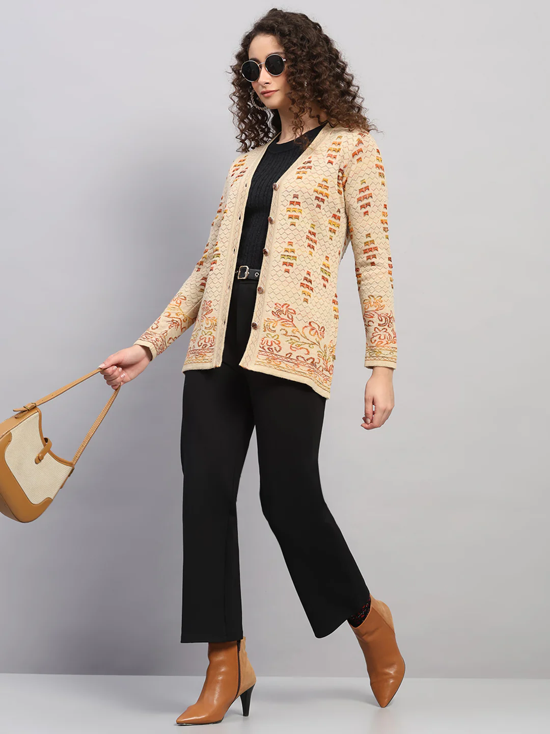 Women Beige Jaquard V Neck Full Sleeve Cardigan - Image 2