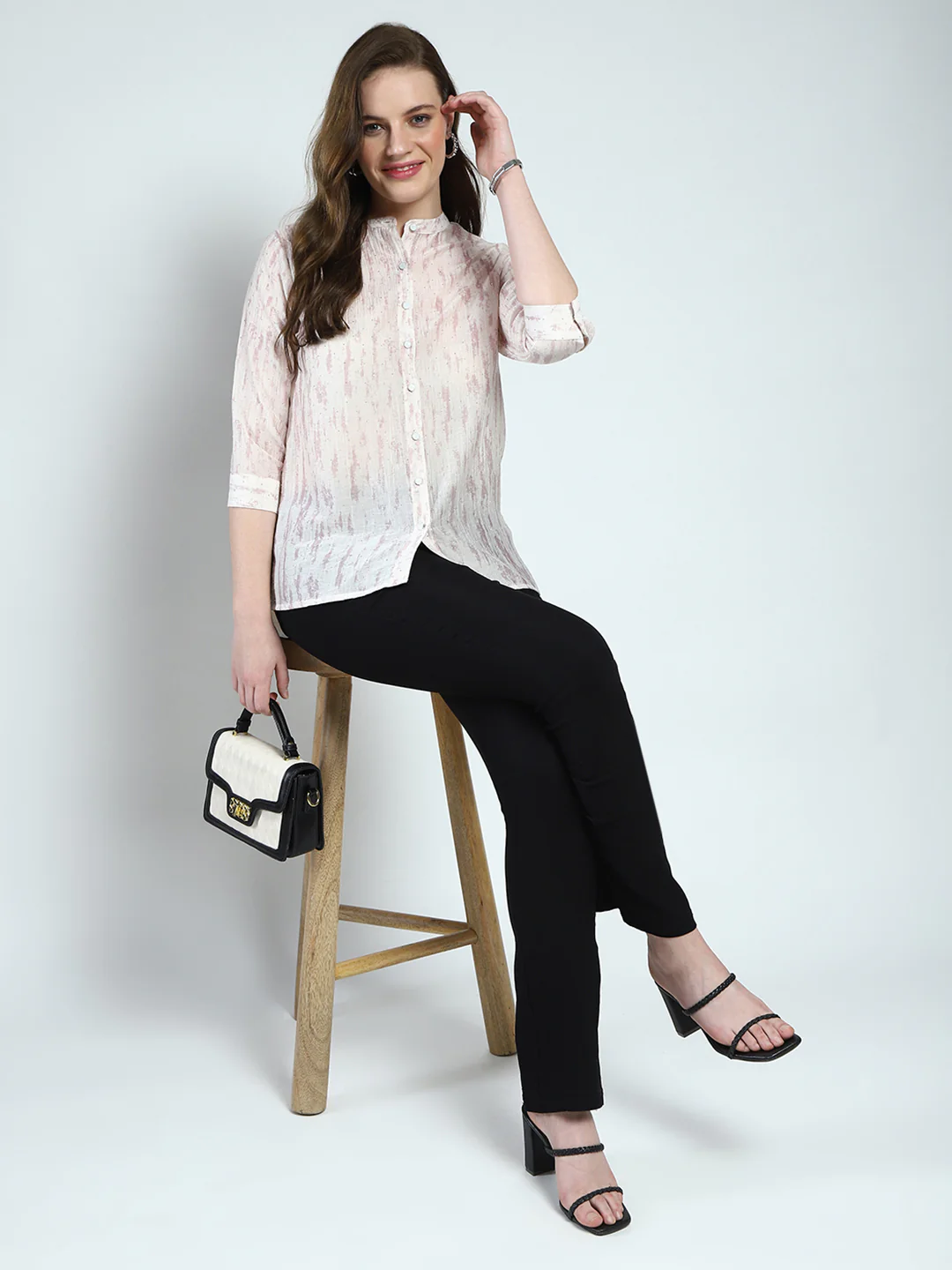 Women Beige Printed Band Collar 3/4th Sleeve Top - Image 2