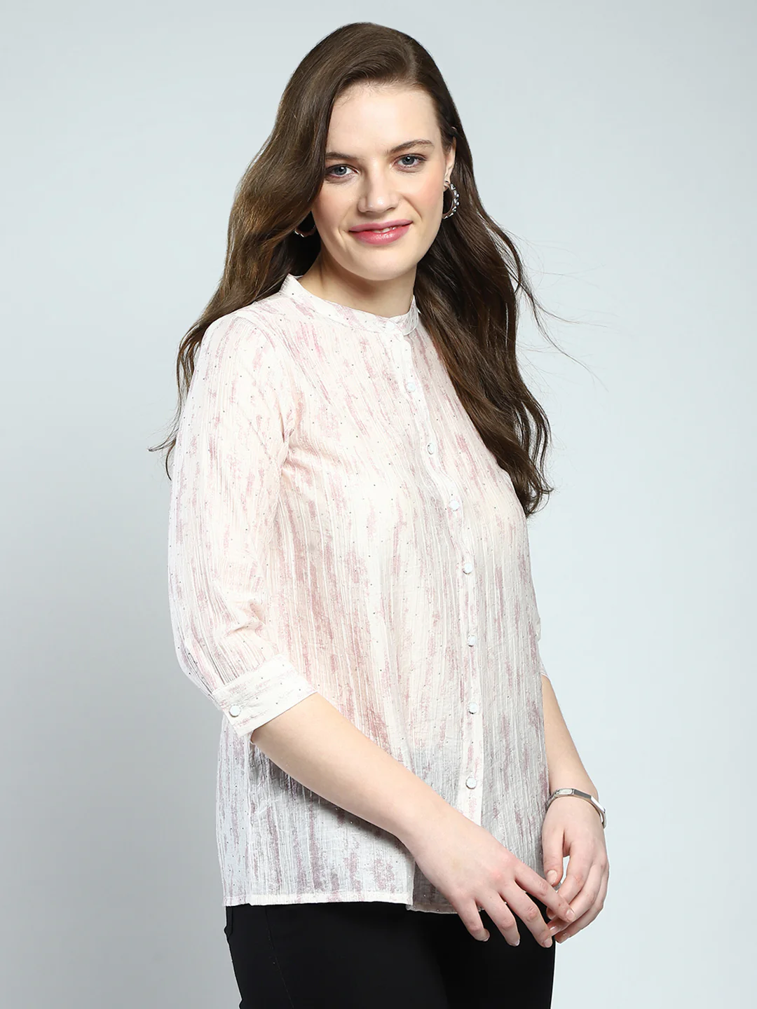 Women Beige Printed Band Collar 3/4th Sleeve Top - Image 4