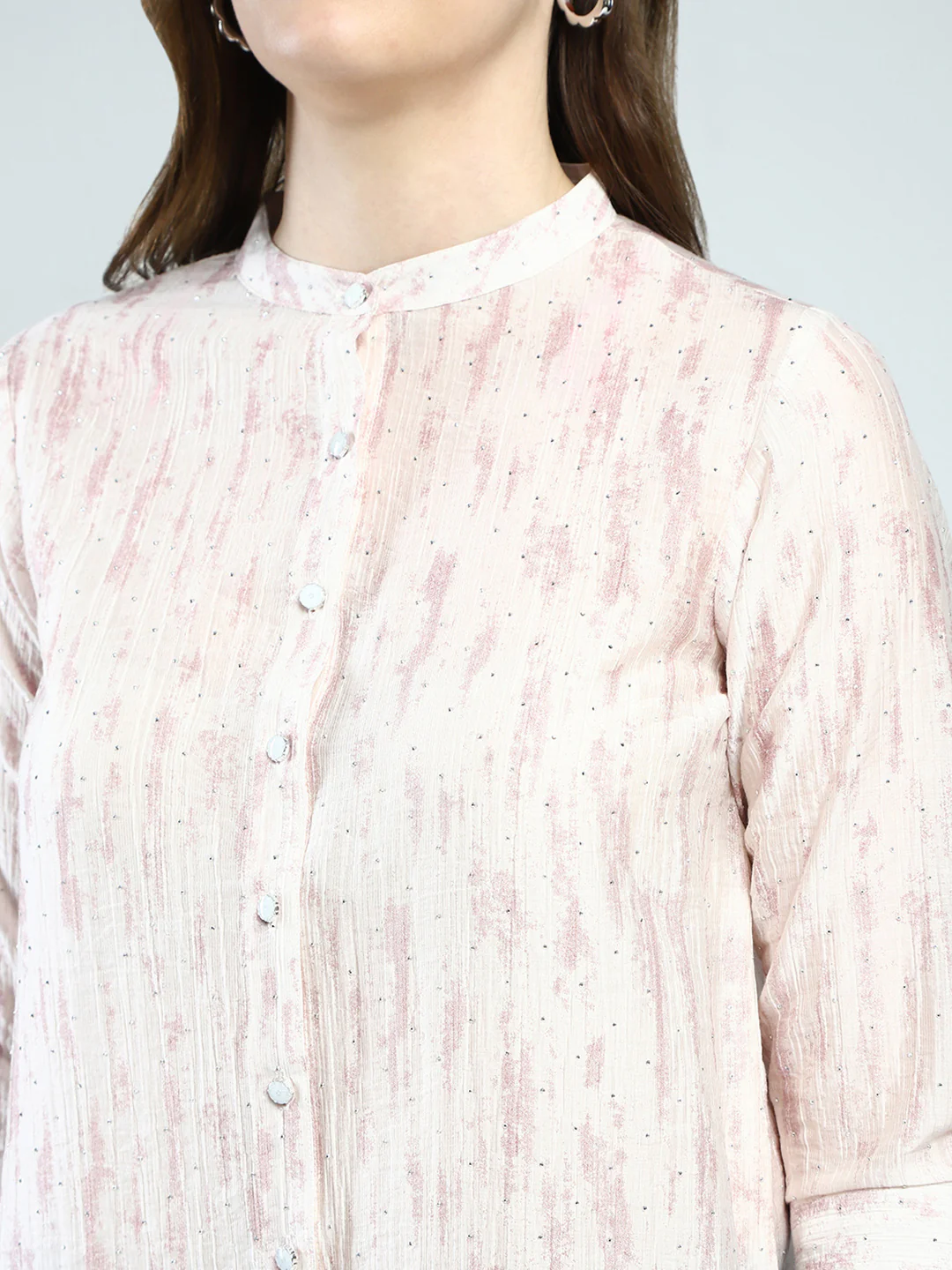 Women Beige Printed Band Collar 3/4th Sleeve Top - Image 7