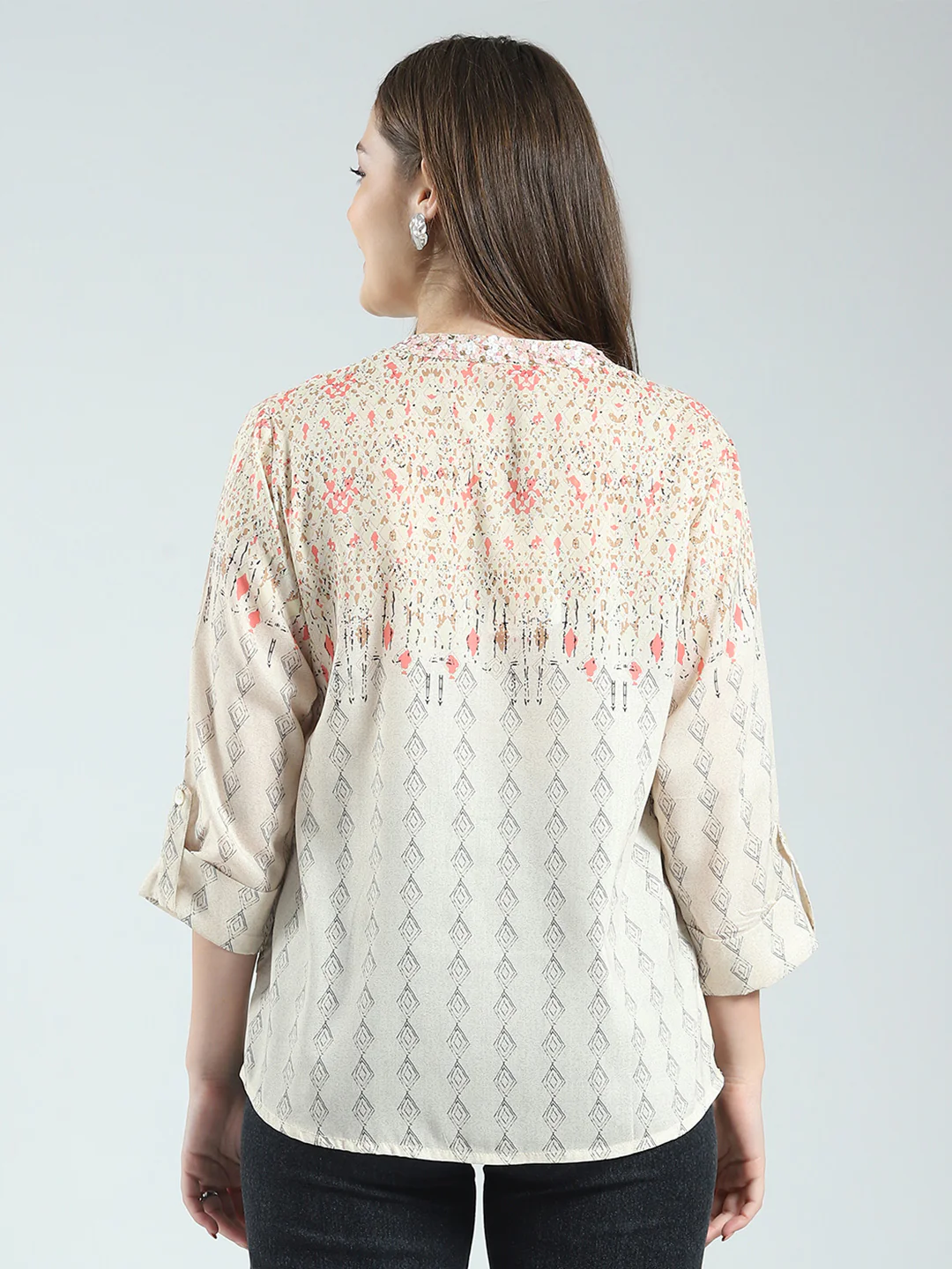 Women Beige Printed Band Neck 3/4th Sleeve Top - Image 5