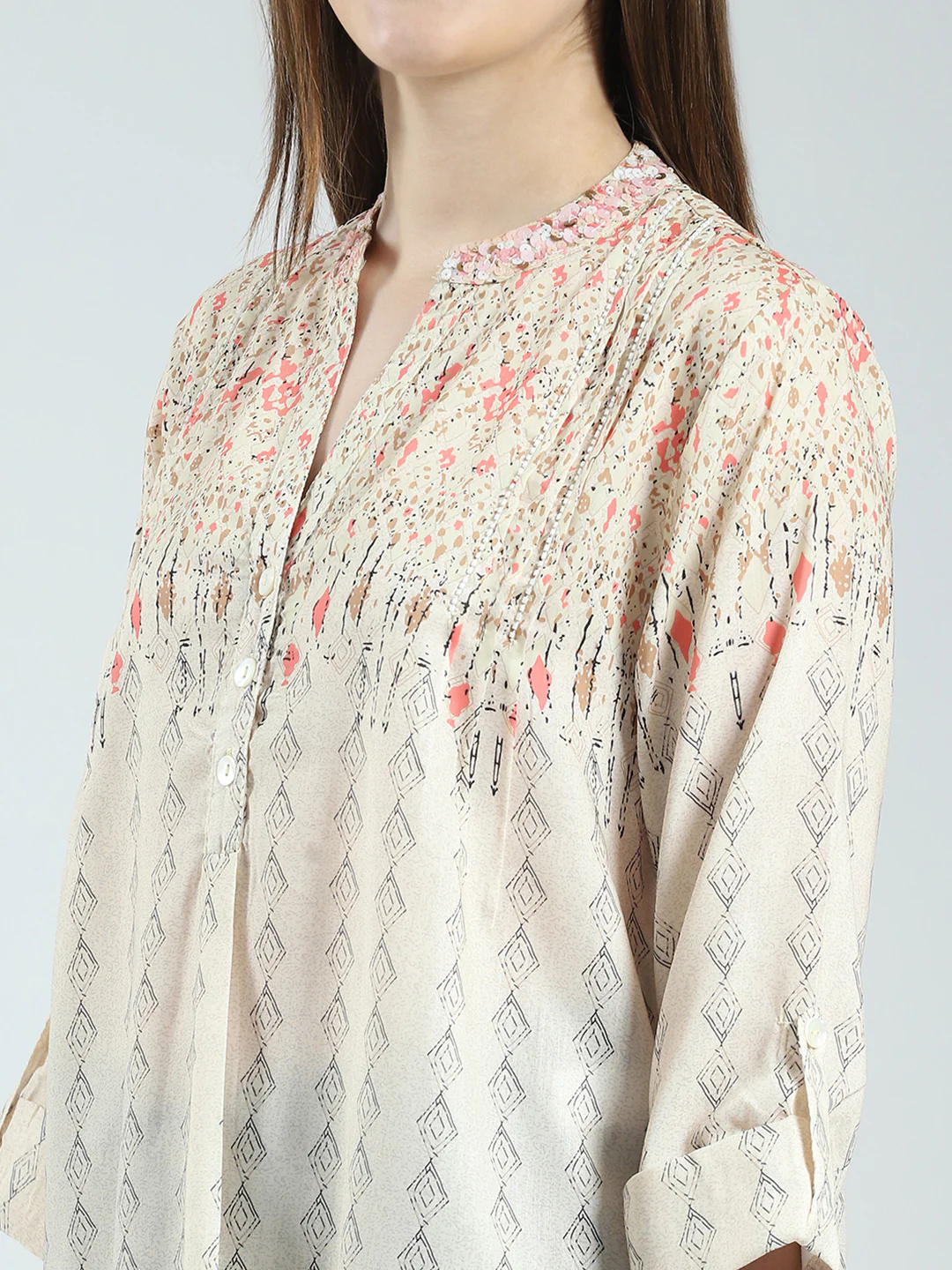 Women Beige Printed Band Neck 3/4th Sleeve Top - Image 6