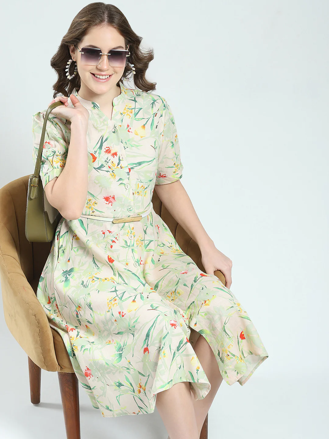 Women Beige Printed Band Neck Half Sleeve Dress - Image 4