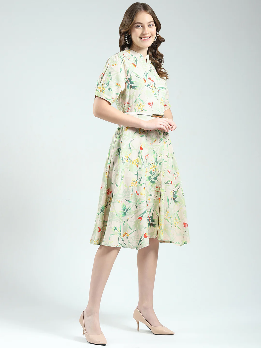Women Beige Printed Band Neck Half Sleeve Dress - Image 6