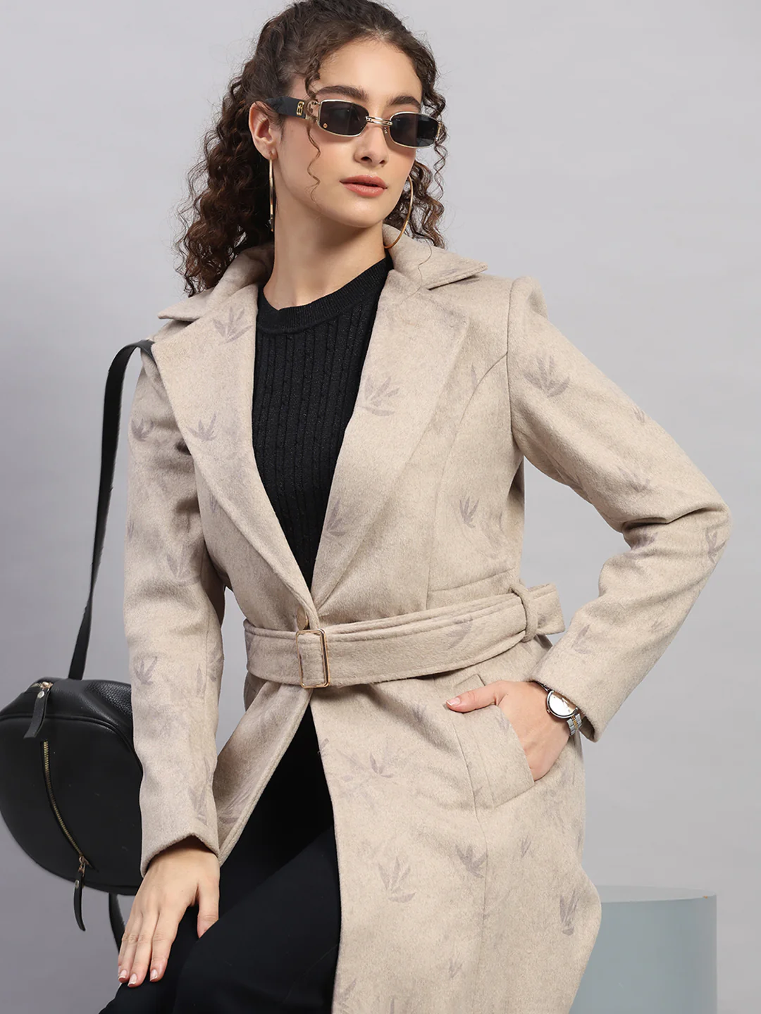Women Beige Printed Collar Full Sleeve Coat - Image 6
