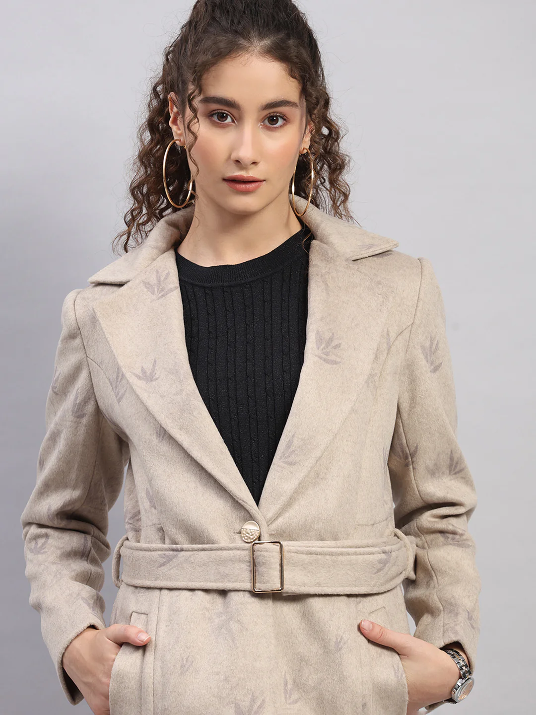 Women Beige Printed Collar Full Sleeve Coat - Image 7