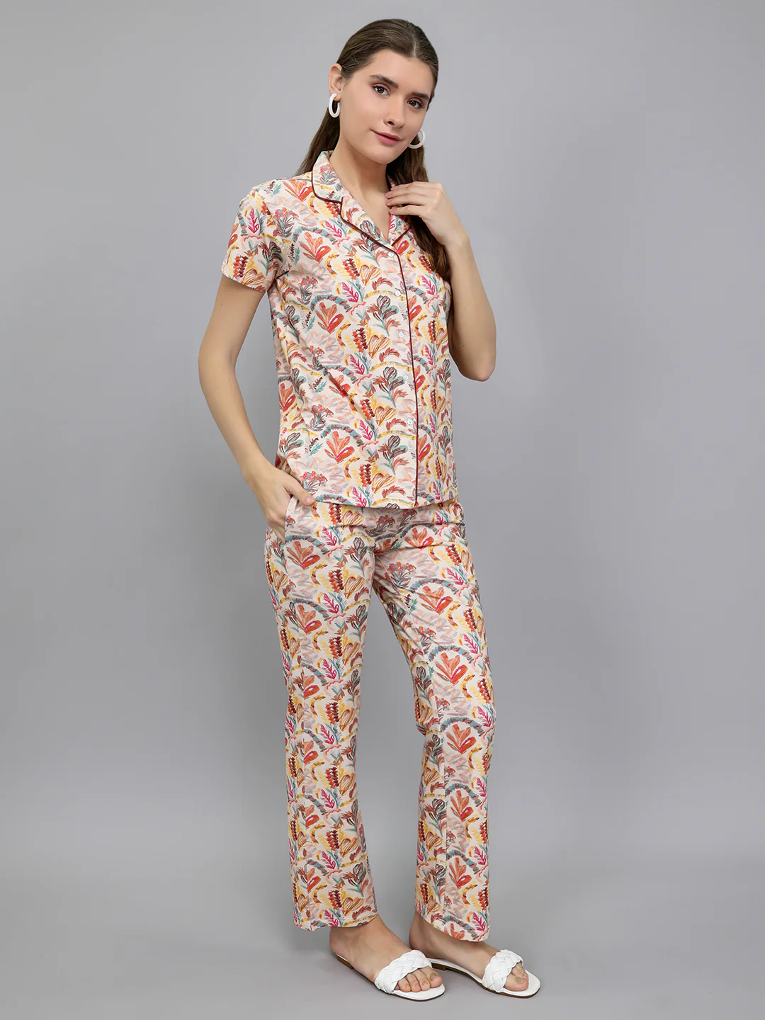 Women Beige Printed Collar Half Sleeve Lower Set - Image 2