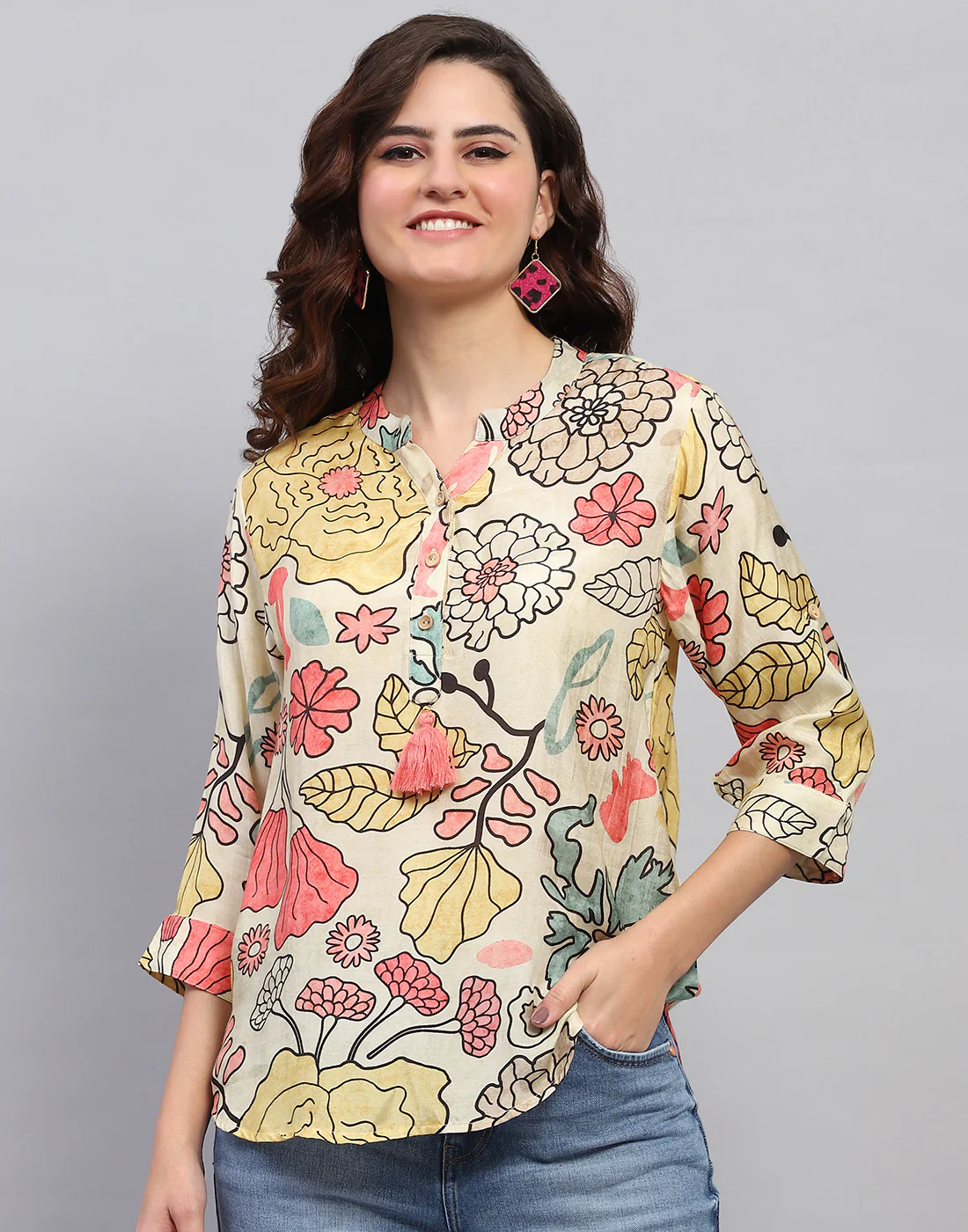 Women Beige Printed Fashion Neck 3/4 Sleeve Top - Image 2