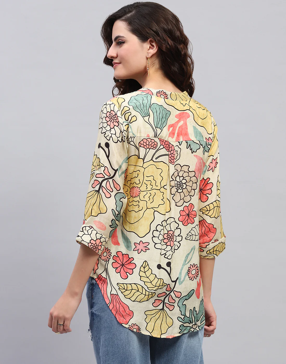 Women Beige Printed Fashion Neck 3/4 Sleeve Top - Image 5