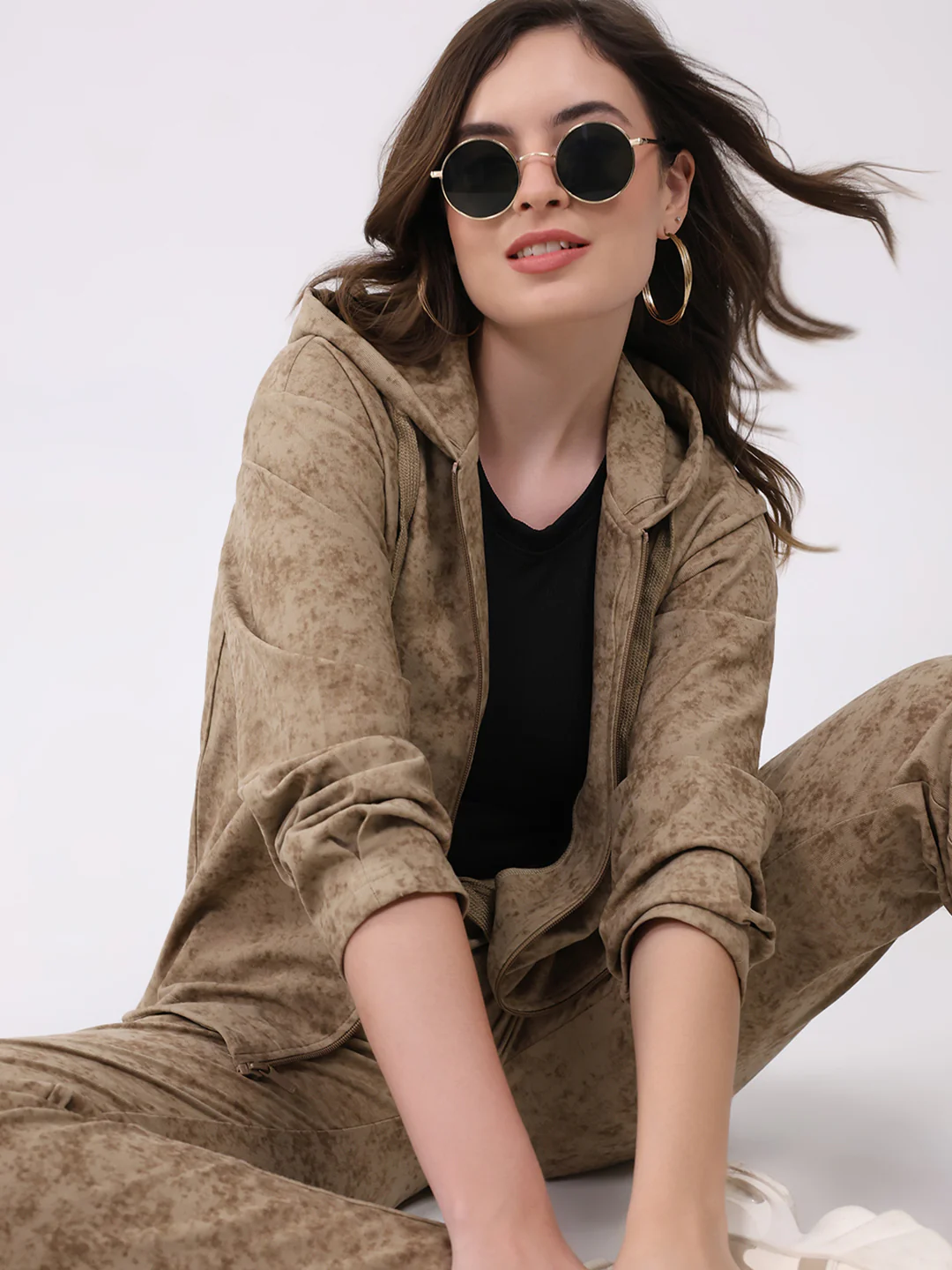 Women Beige Printed Hooded Full Sleeve Cords Set - Image 2