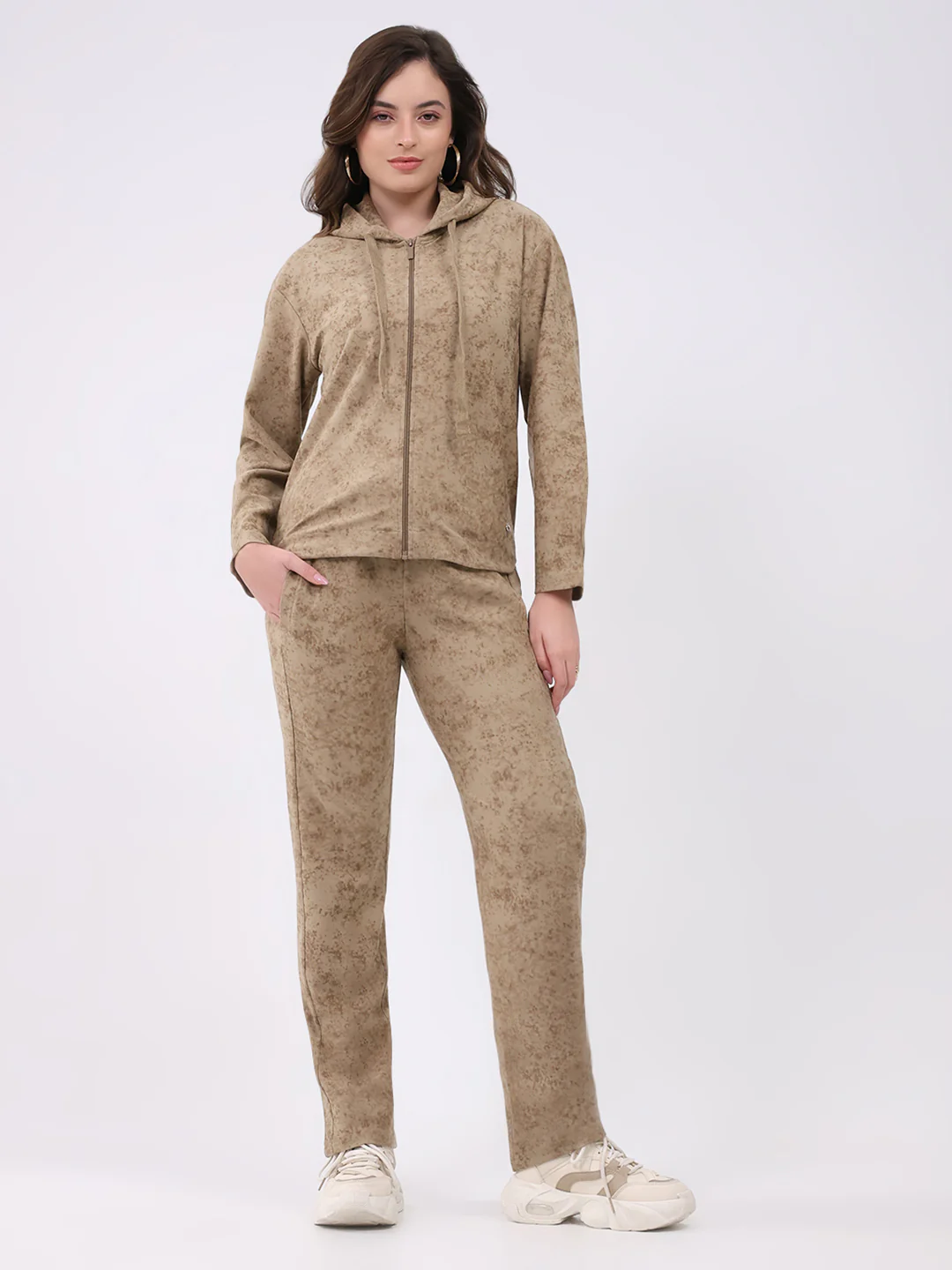 Women Beige Printed Hooded Full Sleeve Cords Set - Image 3