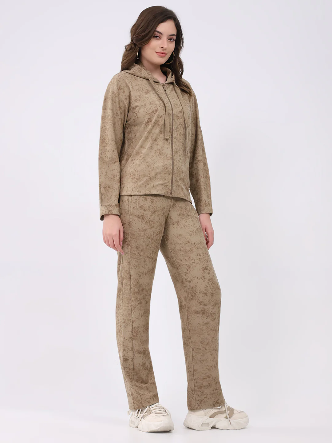 Women Beige Printed Hooded Full Sleeve Cords Set - Image 5