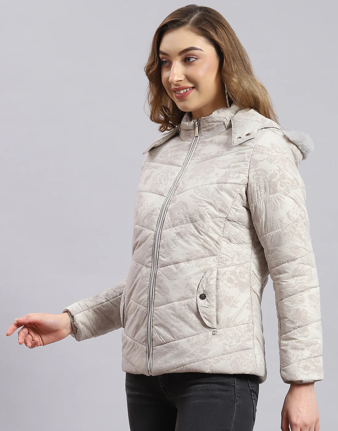 Women Beige Printed Hooded Full Sleeve Jacket - Image 4