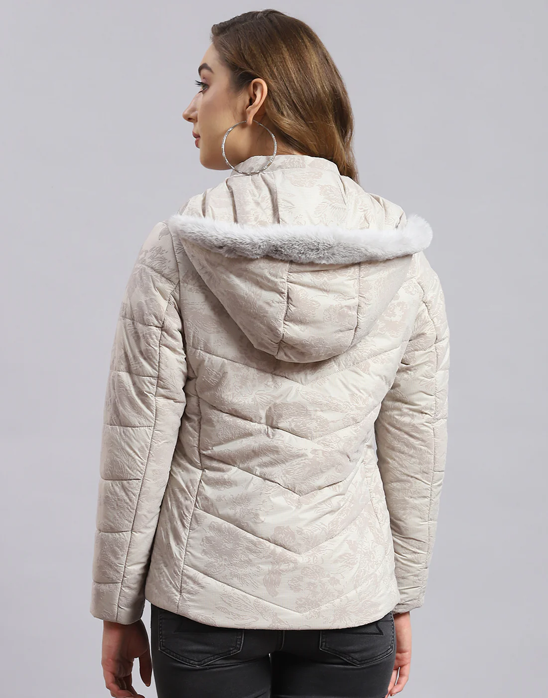Women Beige Printed Hooded Full Sleeve Jacket - Image 6