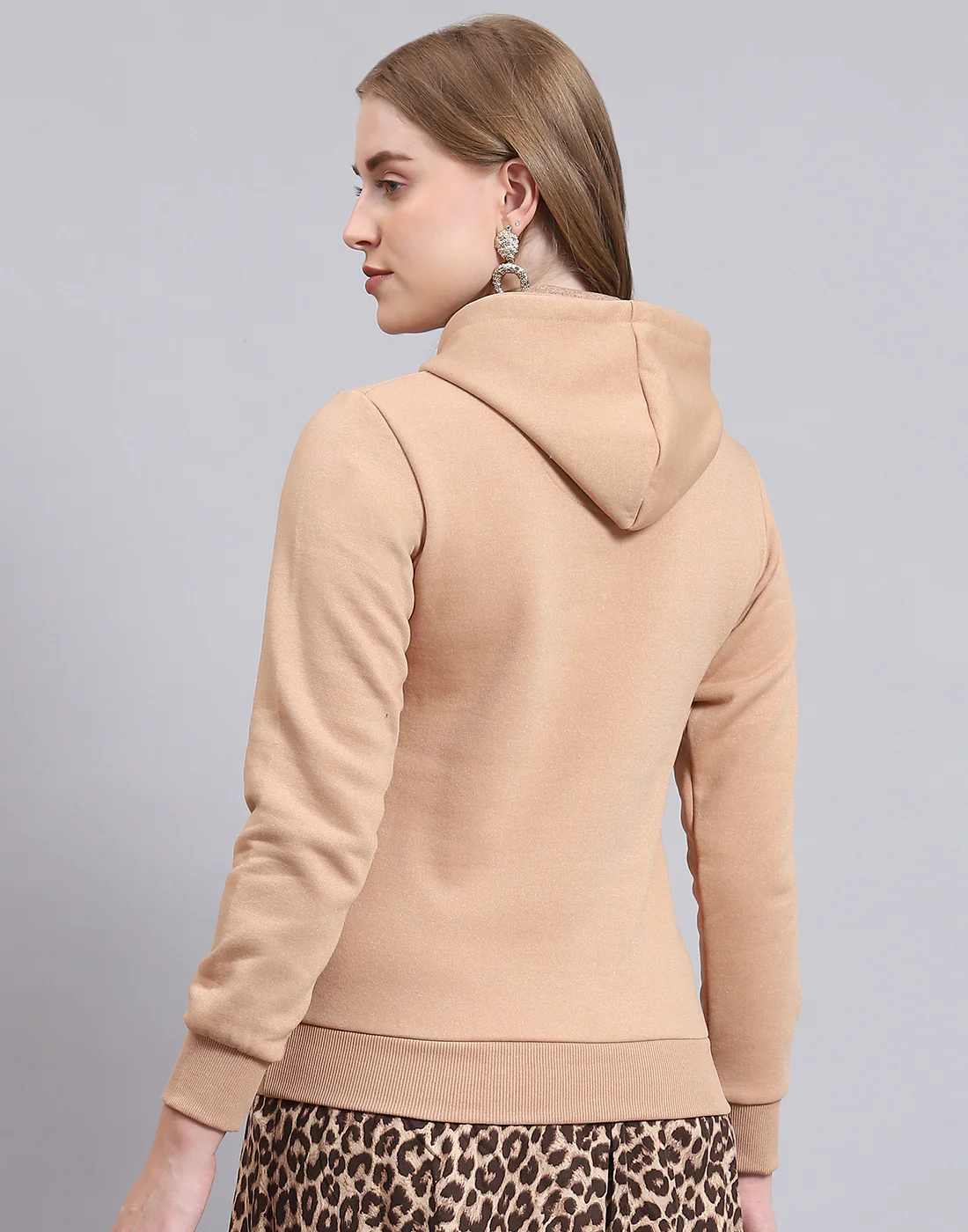 Women Beige Printed Hooded Full Sleeve Sweatshirt - Image 5