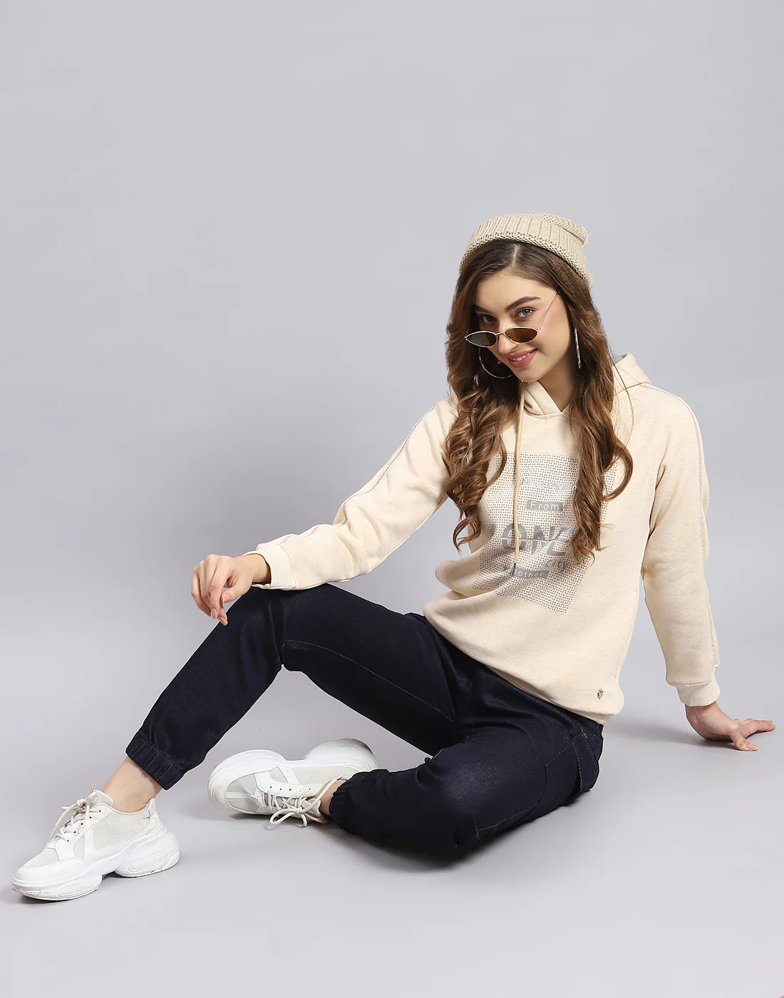 Women Beige Printed Hooded Full Sleeve Sweatshirt - Image 2
