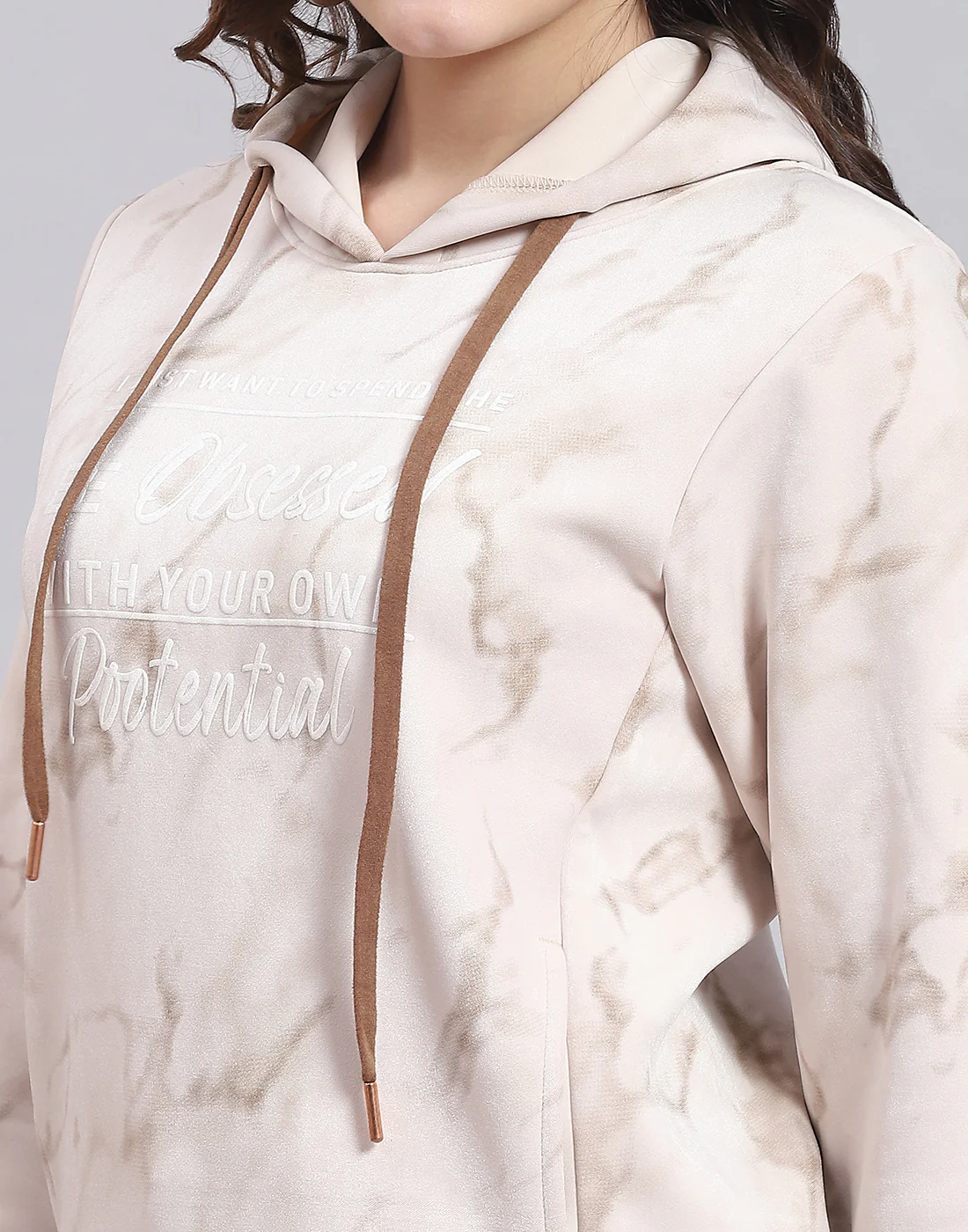 Women Beige Printed Hooded Full Sleeve Sweatshirt - Image 7