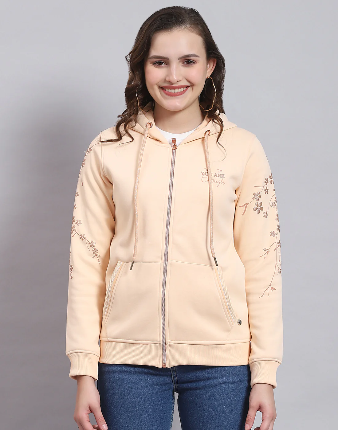 Women Beige Printed Hooded Full Sleeve Sweatshirt - Image 3