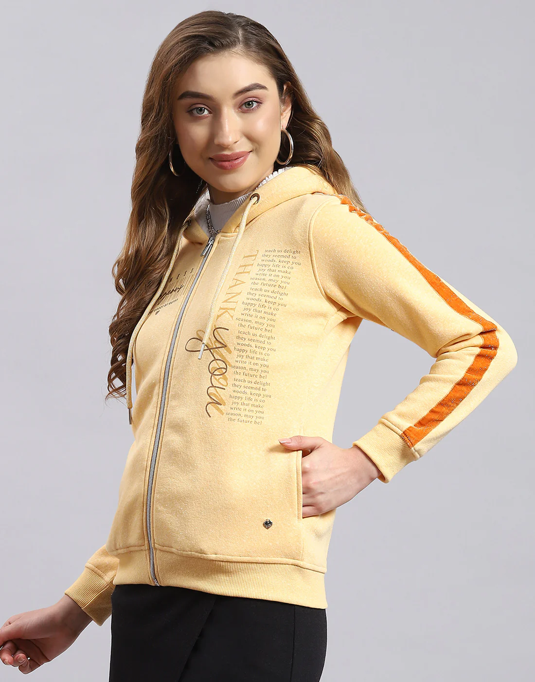 Women Beige Printed Hooded Full Sleeve Sweatshirt - Image 3