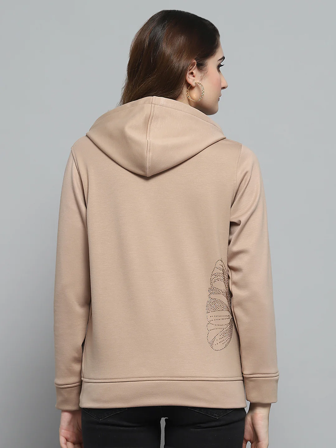 Women Beige Printed Hooded Full Sleeve Sweatshirt - Image 5