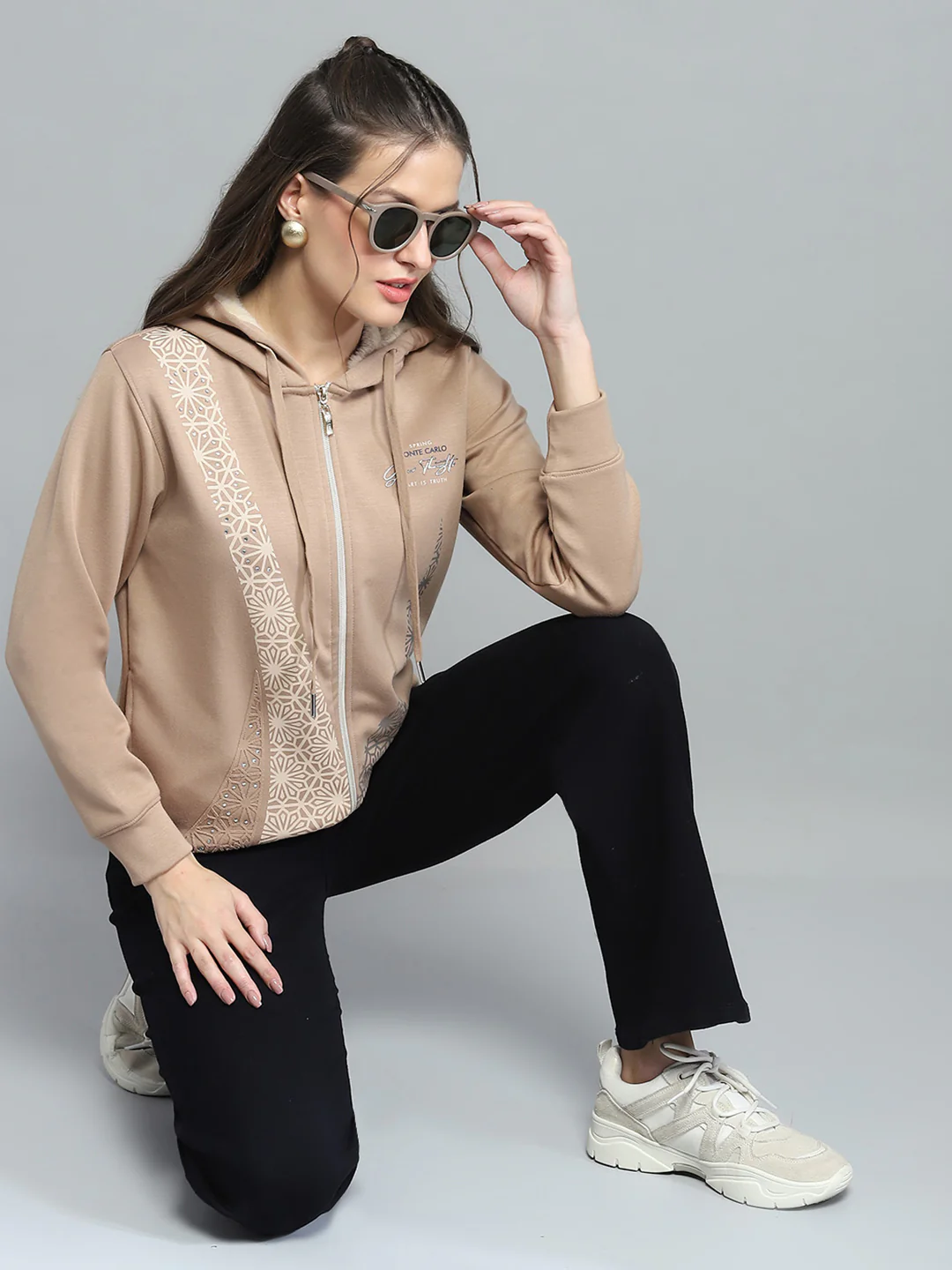 Women Beige Printed Hooded Full Sleeve Sweatshirt - Image 2