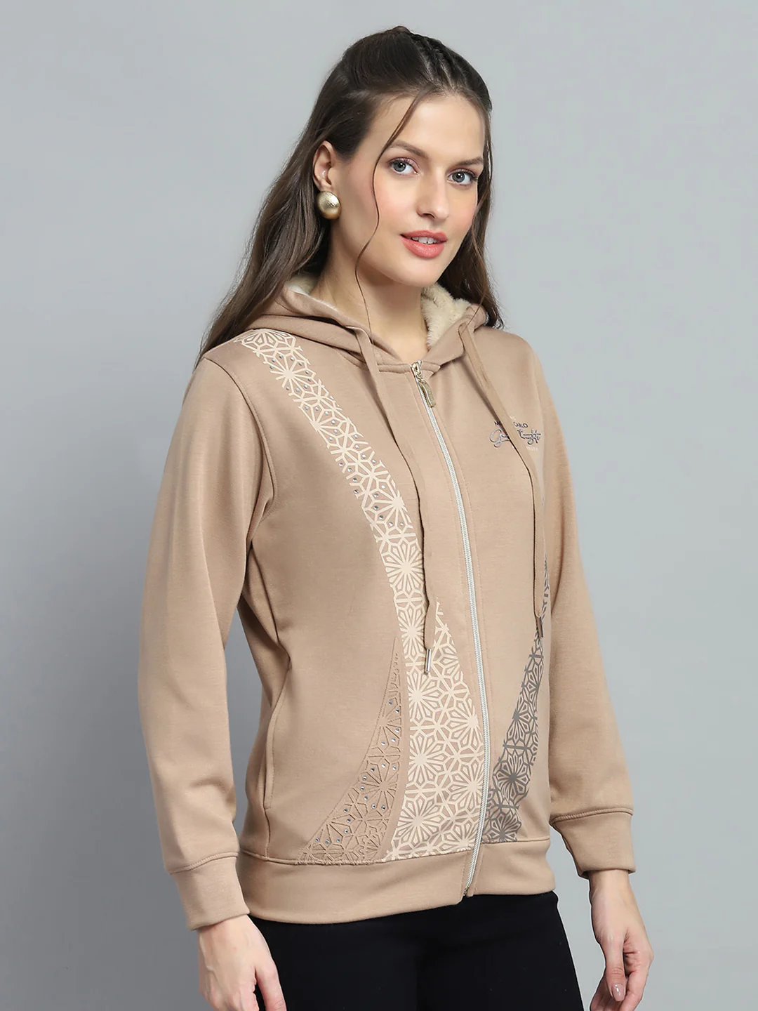 Women Beige Printed Hooded Full Sleeve Sweatshirt - Image 4