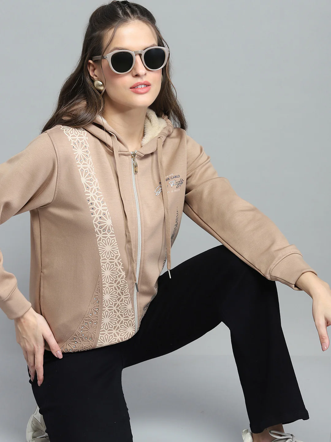 Women Beige Printed Hooded Full Sleeve Sweatshirt - Image 6