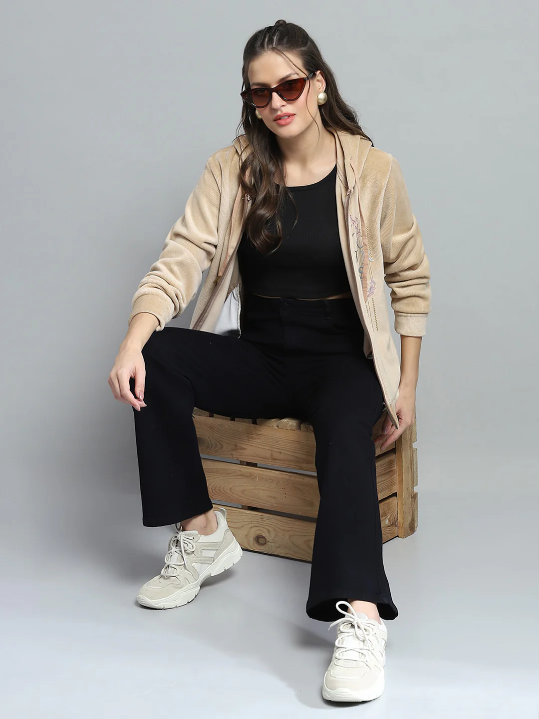 Women Beige Printed Hooded Full Sleeve Sweatshirt - Image 2