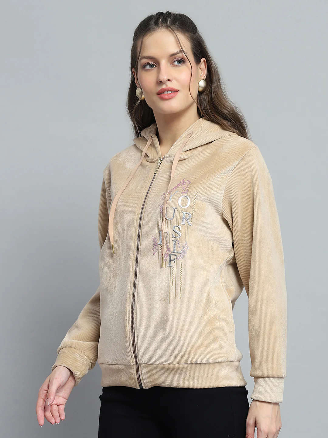 Women Beige Printed Hooded Full Sleeve Sweatshirt - Image 3