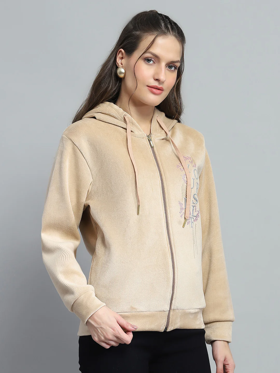 Women Beige Printed Hooded Full Sleeve Sweatshirt - Image 4