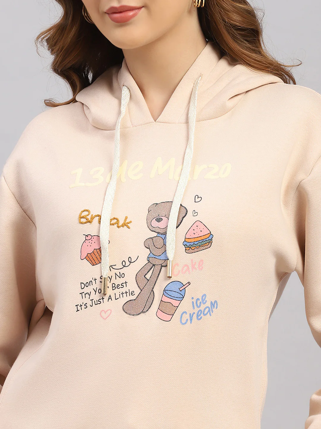 Women Beige Printed Hooded Full Sleeve Sweatshirt - Image 6
