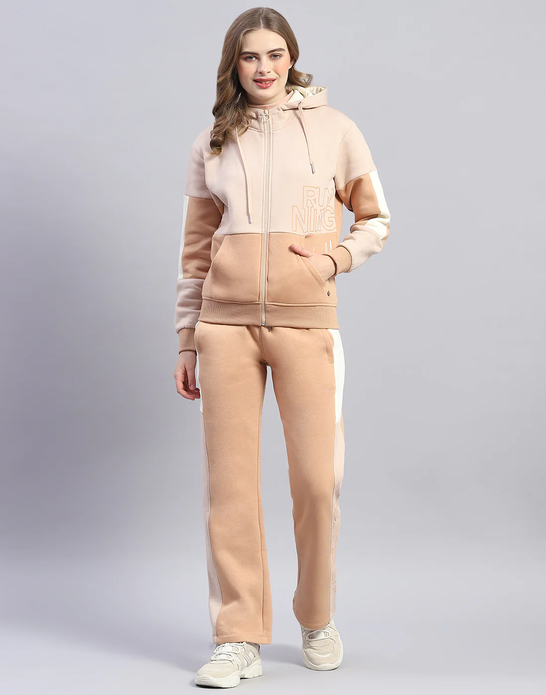 Women Beige Printed Hooded Full Sleeve Tracksuit - Image 2