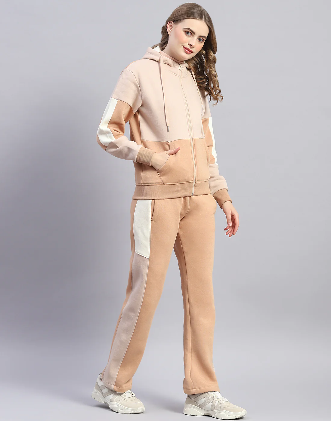 Women Beige Printed Hooded Full Sleeve Tracksuit - Image 4