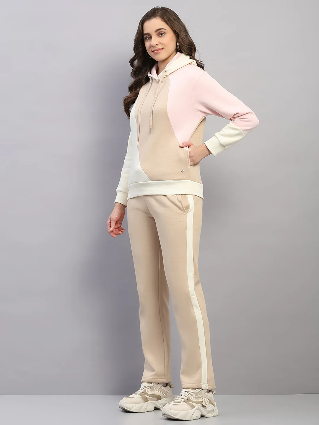 Women Beige Printed Hooded Full Sleeve Winter Tracksuit - Image 3