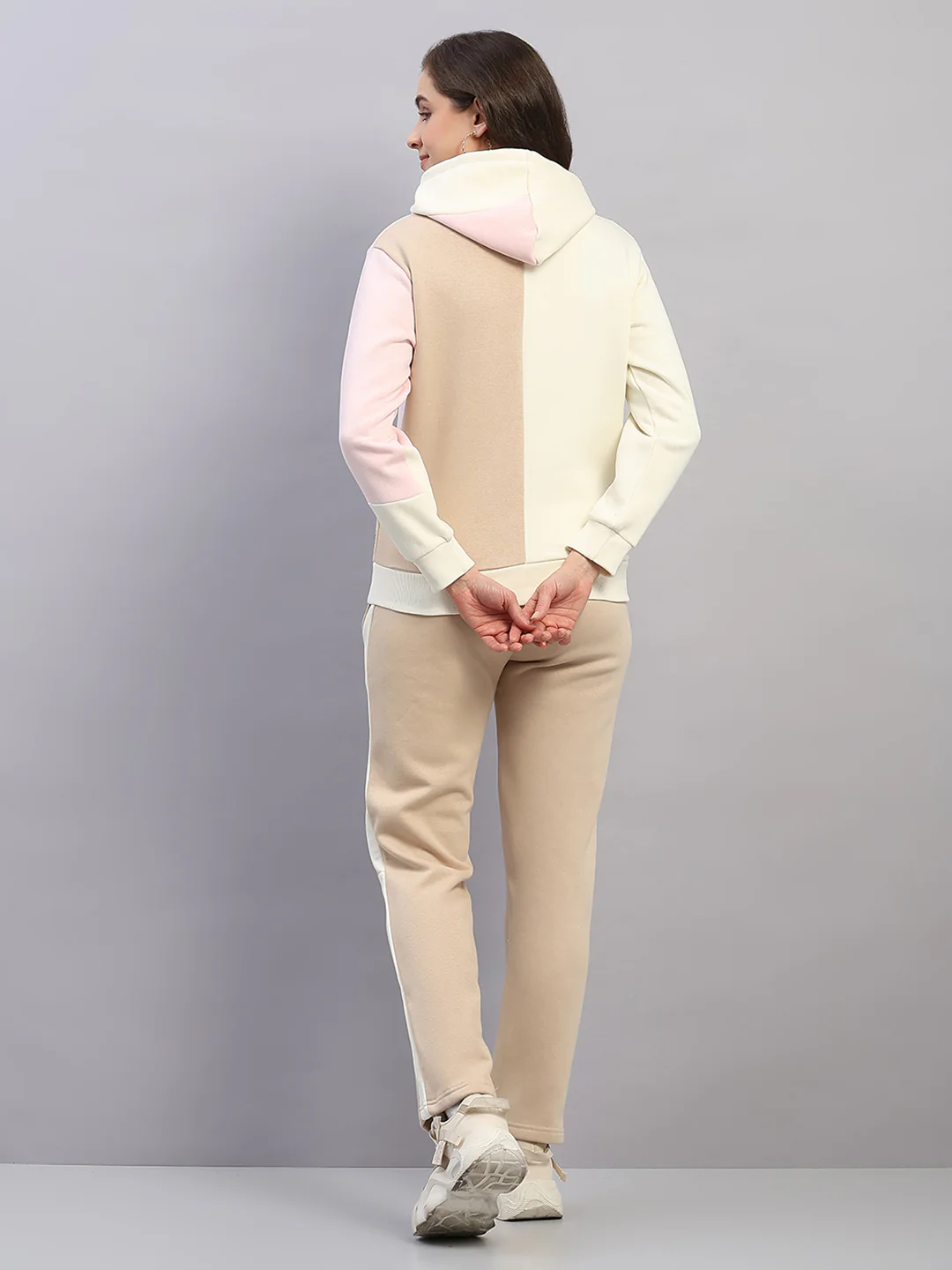 Women Beige Printed Hooded Full Sleeve Winter Tracksuit - Image 5