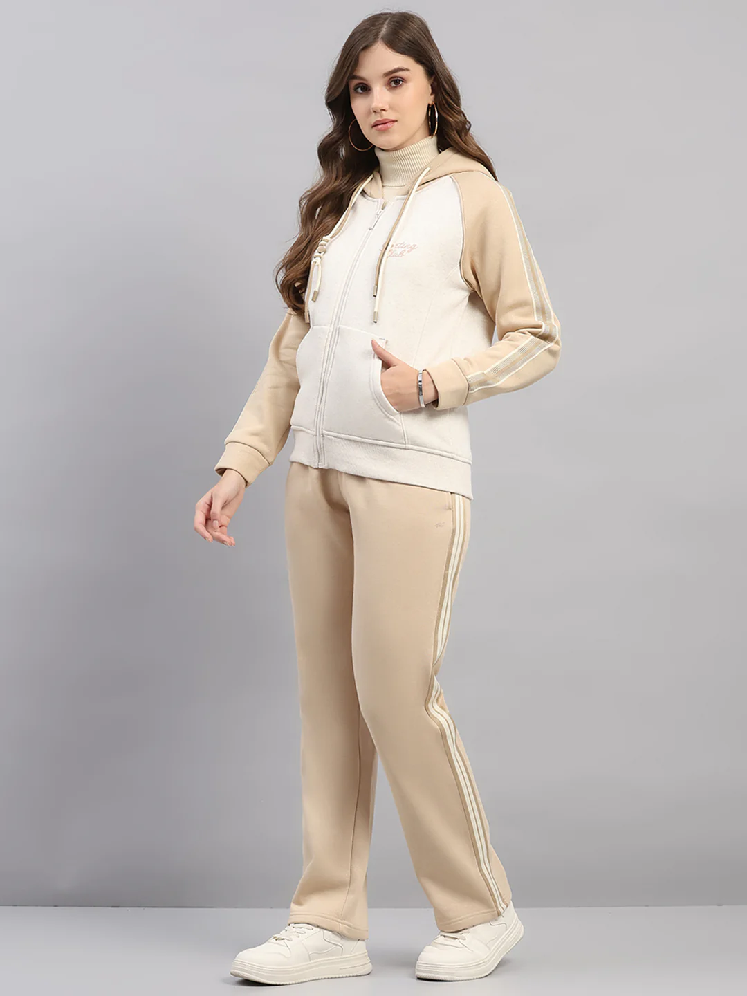 Women Beige Printed Hooded Full Sleeve Winter Tracksuit - Image 3