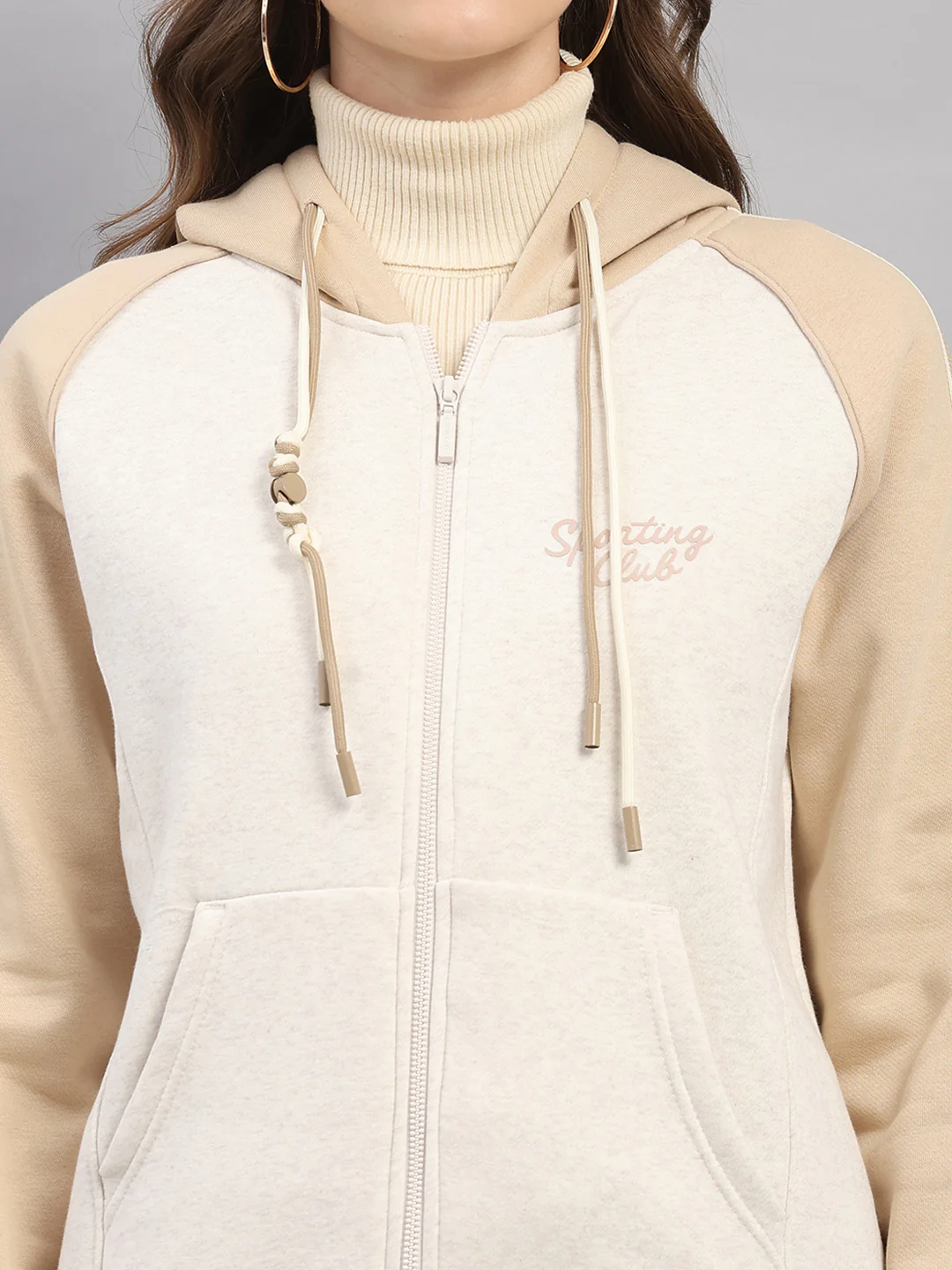 Women Beige Printed Hooded Full Sleeve Winter Tracksuit - Image 8